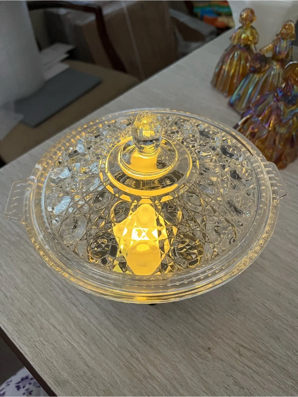 Vintage Federal Windsor Button & Cane Glass Fairy Lamp Candy Dish